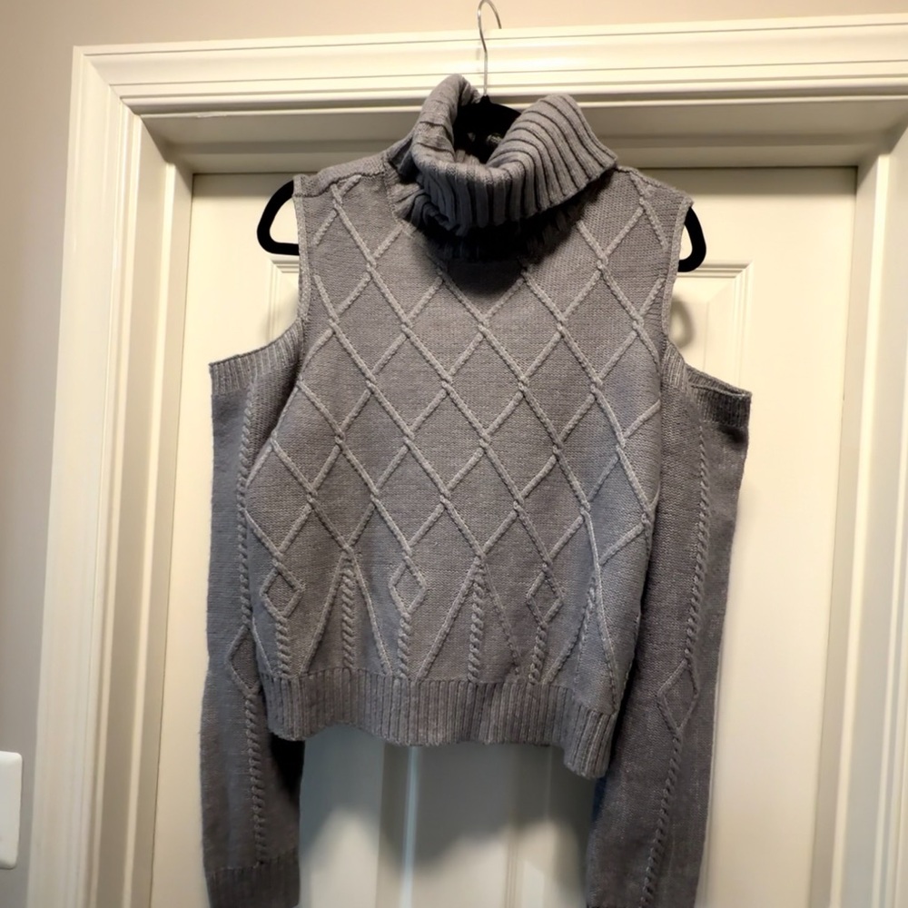 Gray Turtleneck Cold Shoulder Sweater